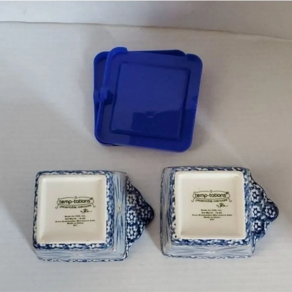 Temp-tations Ramekins Old World Ovenware Bakeware Cookware 10 oz Blue Lids